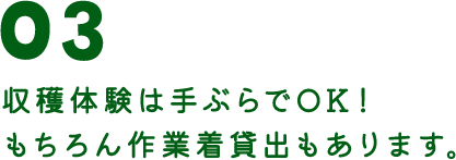 収穫体験は手ぶらでOK！もちろん作業着貸出もあります。